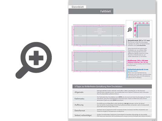 Product Bild faltblatt__gefalzt_auf_din_a6_quer__6-seiter_(2-bruch_fensterfalz)__beidseitig_bedruckt_(4_4_farbig_+_2_sonderfarben_hks)